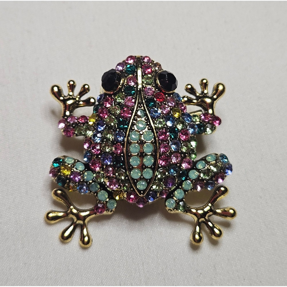 Frog Brooch Pin‎ Unisex OS Multicolor Rhinestone Gold Tone Cottagecore